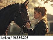 A woman is petting a horse with a brown mane. Стоковое AI-изображение, AI-художник Ярославский Максим / Фотобанк Лори