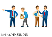 Boss firing office worker, sacked person with carton box vector. Chief executive with man, director praising novice holding files documentation report. Boss Firing Worker, Sacked Person with Carton Box. Стоковая иллюстрация, агентство Ingram Publishing / Фотобанк Лори