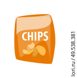 Chips in package vector, fast food unhealthy meal isolated icon. Snack fried vegetables in plastic bag, prepared dish. Traditional eating out, takeaway. Chips in Package, Fast Food Unhealthy Potatoes. Стоковая иллюстрация, агентство Ingram Publishing / Фотобанк Лори