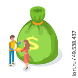 Green money bag with dollar sign, cartoon male and woman exchanging coins, vector crowdfunding concept. Practice of funding project by raising profit. Green Money Bag with Dollar Sign, Cartoon People. Стоковая иллюстрация, агентство Ingram Publishing / Фотобанк Лори