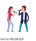Woman and man singing and holding microphone, isolated karaoke singers. Concert and sound of music, performance and performers girl and boy musicians vector. Musicians Singing with Microphone Vector Isolated. Стоковая иллюстрация, агентство Ingram Publishing / Фотобанк Лори