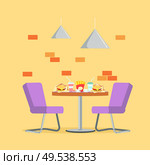 Restaurant table with dish fast food meal vector. Decor with brick styled decoration, cheeseburger French fries in package traditional american cuisine. Restaurant Bistro Dish Fast Food Meal at Table. Стоковая иллюстрация, агентство Ingram Publishing / Фотобанк Лори