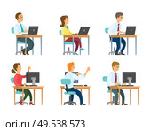 Office workers at computers and laptops, businessmen and businesswomen vector. Clerks and secretaries, managers or programmers isolated characters. Office Workers at Computers and Laptops, Business. Стоковая иллюстрация, агентство Ingram Publishing / Фотобанк Лори