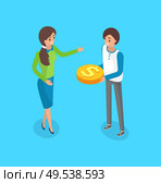 Practice of funding venture by raising small amounts of money from large number of people via Internet, vector isolated. Male and female crowdfunding. Funding Venture by Raising Money, Crowdfunding. Стоковая иллюстрация, агентство Ingram Publishing / Фотобанк Лори