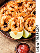 Fried squid or calamari rings with sauce. Crispy fried squid rings. Стоковое фото, агентство Ingram Publishing / Фотобанк Лори