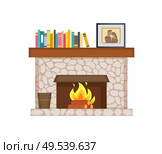 Fireplace with shelf and books, framed photo interior vector. Publications and bucket for ashes, burning logs, wooden material, picture of couple family. Fireplace with Shelf Books, Framed Photo Interior. Стоковая иллюстрация, агентство Ingram Publishing / Фотобанк Лори