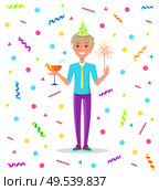 Boy wearing celebration paper hat vector. Birthday man with bengal light and glass with poured cocktail, alcoholic drink beverage. Parting funny male. Birthday Boy Standing Under Confetti at Party. Стоковая иллюстрация, агентство Ingram Publishing / Фотобанк Лори