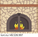 Modern stacked stone fireplace with traditional decoration and metal frame material, vector closeup. Natural, rustic mantelpiece with burning logs in fire. Modern Stacked Stone Fireplace, Traditional Decor. Стоковая иллюстрация, агентство Ingram Publishing / Фотобанк Лори