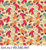 Seamless pattern with roller skates and cassette tapes. Retro hand drawn laced boots, colorful vector illustration. Стоковая иллюстрация, агентство Ingram Publishing / Фотобанк Лори