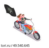 Isometric composition with man and woman riding motorbike with black bikers club flag 3d vector illustration. Стоковая иллюстрация, агентство Ingram Publishing / Фотобанк Лори