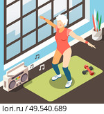 Longevity isometric background with modern elderly woman in suit for fitness doing physical exercises under musical accompaniment vector illustration. Стоковая иллюстрация, агентство Ingram Publishing / Фотобанк Лори