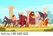 Mythological creatures among ancient greek temple ruins cartoon composition with cyclopes minotaur centaur winged lion vector illustration. Стоковая иллюстрация, агентство Ingram Publishing / Фотобанк Лори