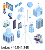 Isometric meteorological weather center forecasters set with icons and images of synoptic equipment on blank background vector illustration. Стоковая иллюстрация, агентство Ingram Publishing / Фотобанк Лори