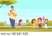 Family problem carton vector illustration with father looking in smartphone and kid dragging his for walk. Стоковая иллюстрация, агентство Ingram Publishing / Фотобанк Лори