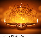 Diwali lanterns realistic composition with images of candles and blurred lights background with specks and drawings vector illustration. Стоковая иллюстрация, агентство Ingram Publishing / Фотобанк Лори