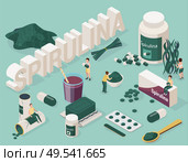 Spirulina isometric set with images of medical products made with cyanobacteria 3d text and small people vector illustration. Стоковая иллюстрация, агентство Ingram Publishing / Фотобанк Лори