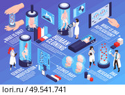 Human cloning  infographics horizontal illustration with text and visual information about generic dna modification scientific  research and replication isometric vector illustration. Стоковая иллюстрация, агентство Ingram Publishing / Фотобанк Лори