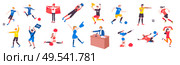 Football player flat set of isolated doodle style human characters with cheerleaders fans referees and broadcaster vector illustration. Стоковая иллюстрация, агентство Ingram Publishing / Фотобанк Лори