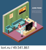 Fat guy eating junk food and watching tv gluttony 3d isometric vector illustration. Стоковая иллюстрация, агентство Ingram Publishing / Фотобанк Лори