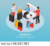 Tourists concept with waiting in hall with luggage symbols isometric  vector illustartion. Стоковая иллюстрация, агентство Ingram Publishing / Фотобанк Лори