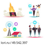 Internet technology 2x2 design concept set of cartoon compositions on theme fifth generation of mobile communications vector illustration. Стоковая иллюстрация, агентство Ingram Publishing / Фотобанк Лори