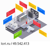 Datacenter communication equipment isometric composition with infographic boxes text captions and technical building insides with servers vector illustration. Стоковая иллюстрация, агентство Ingram Publishing / Фотобанк Лори