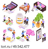 Family budget expenditure items isometric set with mobile app calculating taxes payments vacation planning isolated vector illustration. Стоковая иллюстрация, агентство Ingram Publishing / Фотобанк Лори