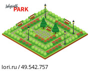 Labyrinth game composition with ornate text and platform with public park landscape with flowers bushes and benches vector illustration. Стоковая иллюстрация, агентство Ingram Publishing / Фотобанк Лори