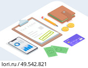 Taxes accounting isometric composition with images of pencil paperwork money credit card and smartphone on table vector illustration. Стоковая иллюстрация, агентство Ingram Publishing / Фотобанк Лори