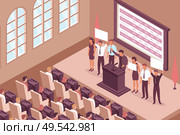 Election campaign isometric composition with indoor view of chamber hall with windows deputy seats and stage vector illustration. Стоковая иллюстрация, агентство Ingram Publishing / Фотобанк Лори