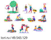 Harvesting and gardening people doing farming and garden job, pick berries, remove weeds, watering, planting, growing and transplant sprouts, lay ripe vegetables to box. Reaping crop concept. Harvesting and gardening people doing farming and garden job, pick berries, remove weeds, watering, planting, growing and transplant sprouts, lay ripe vegetables to box. Reaping crop. Стоковая иллюстрация, агентство Ingram Publishing / Фотобанк Лори