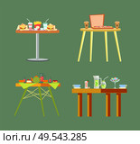 Tables restaurants, pizzeria cafes design vector. Isolated desks with food cheeseburger, and french fries fried potatoes, ice cream and pizza in box. Tables of Restaurants, Cafes with Meal Design Set. Стоковая иллюстрация, агентство Ingram Publishing / Фотобанк Лори