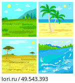 Landscapes, savannah and river, steppe and beach, traveling vector. Meadow and sea shore, African desert and forest with mountains, wild nature views. Steppe and Beach, Savannah and River, Traveling. Стоковая иллюстрация, агентство Ingram Publishing / Фотобанк Лори