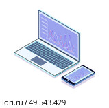 Smartphone with infographics and laptop vector. Telephone and screen of computer with data, analysis and statistics on business project numeric info. Laptop with Infographics and Charts, Smartphone. Стоковая иллюстрация, агентство Ingram Publishing / Фотобанк Лори