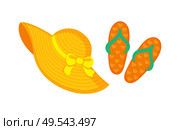 Summer holiday element vector, isolated shoes for walking and cap. Accessories fashion clothes, hat and flip flops rubber sandals, footwear and headwear. Flip Flops Sandals, Headwear with Bows Ribbon. Стоковая иллюстрация, агентство Ingram Publishing / Фотобанк Лори