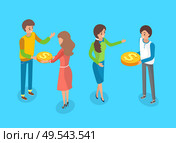 Crowdfunding people giving gold coins vector, cash money business development. Cooperation of man and woman, funding of enterprises strategy investment. Crowdfunding People Giving Gold Coins, Cash Money. Стоковая иллюстрация, агентство Ingram Publishing / Фотобанк Лори
