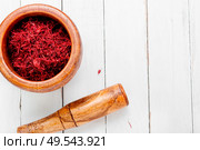 Saffron spice used in food and traditional herbal medicine. Dried saffron spice. Стоковое фото, агентство Ingram Publishing / Фотобанк Лори