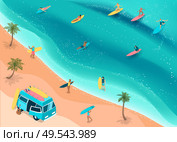 Popular surfing tropical beach with camper bus for surfboards palms riders ocean waves isometric composition vector illustration. Surfing Isometric Composition. Стоковая иллюстрация, агентство Ingram Publishing / Фотобанк Лори