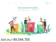 Landing page template with people Recycle Sort Garbage in different container for Separation to Reduce Environment Pollution. Family with kids collect garbage. Earth Day vector cartoon illustration. Landing page template with people Recycle Sort Garbage in different container for Separation to Reduce Environment Pollution. Family with kids collect garbage. Earth Day vector cartoon. Стоковая иллюстрация, агентство Ingram Publishing / Фотобанк Лори