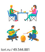 Travel, camping and outdoor activity, lunch and campfire vector. Portable furniture and burgers, bonfire and man with guitar, woman frying marshmallow. Camping and Outdoor Activity, Lunch and Campfire. Стоковая иллюстрация, агентство Ingram Publishing / Фотобанк Лори