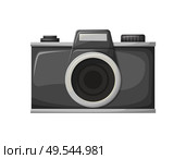 Film camera, old-fashioned style of shooting equipment, black retro object with lens on white. Glossy recoding cinema technology, photo apparatus vector. Photo Apparatus, Film Camera, Shooting Vector. Стоковая иллюстрация, агентство Ingram Publishing / Фотобанк Лори