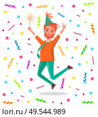 Redhead bearded man merrily jump on birthday party. Happy male cartoon character in festive hat and sparkler leap of joy with hands up, vector on tinsels. Redhead Bearded Man Merrily Jump on Birthday Party. Стоковая иллюстрация, агентство Ingram Publishing / Фотобанк Лори