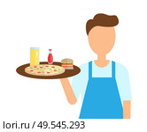 Servant with pizza and snacks vector. Man professional wearing apron holding Italian food and burger with sauce, juice in glass. Serving of restaurant. Waiter of Cafe Carrying Order, Servant with Food. Стоковая иллюстрация, агентство Ingram Publishing / Фотобанк Лори