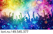 A large group of individuals standing together, arms raised in the air in unison. Стоковое AI-изображение, AI-художник Данила Большаков / Фотобанк Лори