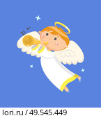 Wallpaper decorated by flying angel playing on trumpet, portrait view of boy with wings and nimbus, paper with stars and note, sound instrument vector. Flying Angel Playing Trumpet, Sounding Boy Vector. Стоковая иллюстрация, агентство Ingram Publishing / Фотобанк Лори