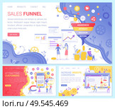 Sales funnel vector set, attracting customers. Awareness and interest, decision and action plan, web conversion. Money and coins, business trade. Website or webpage template, landing page flat style. Sales Funnel, Attracting Customers, Web Conversion. Стоковая иллюстрация, агентство Ingram Publishing / Фотобанк Лори