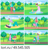 Mother and kid in park vector, mom spending time with child on nature, baby in perambulator. Care for children, childhood, greenery fair weather. Website or webpage template, landing page flat style. Mother and Baby Spending Time Together, Park Set. Стоковая иллюстрация, агентство Ingram Publishing / Фотобанк Лори