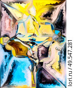 Shards of Belief. Cross of Stained Glass series. Abstract background made of organic church window color pattern on the theme of fragmented unity of Crucifixion of Christ and Nature. Стоковое фото, агентство Ingram Publishing / Фотобанк Лори
