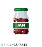 Cherry jam. Canned. Tinned goods product stuff, preserved food, supplied in a sealed can. Isolated. Vector flat illustration. Стоковая иллюстрация, агентство Ingram Publishing / Фотобанк Лори
