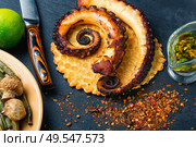 Grilled octopus with roasted vegetables.Octopus tentacles on grill. Grilled octopus on cheese waffle. Стоковое фото, агентство Ingram Publishing / Фотобанк Лори